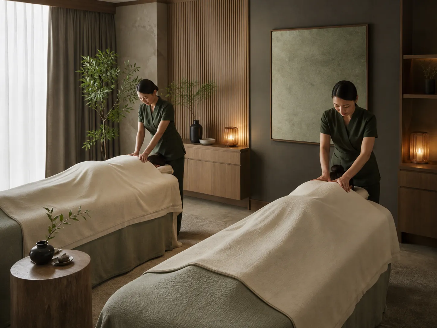 Illustrative preview of two adult guests receiving synchronized treatments in a private suite