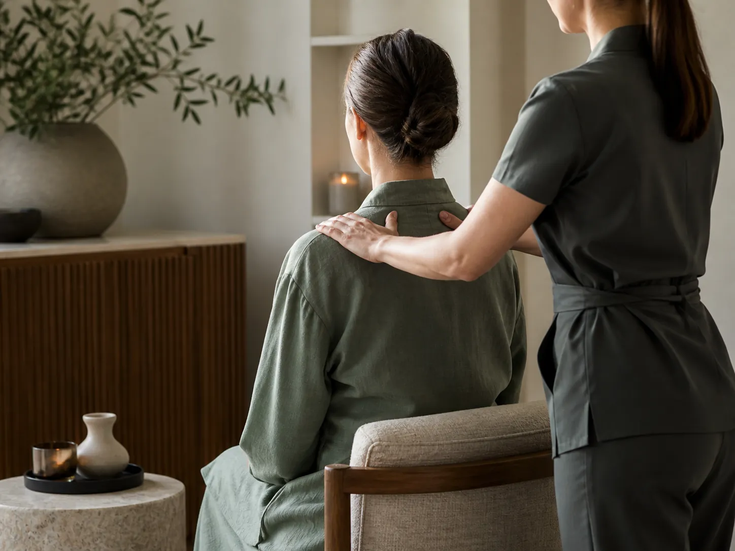 Illustrative preview of an adult guest receiving a seated shoulder treatment