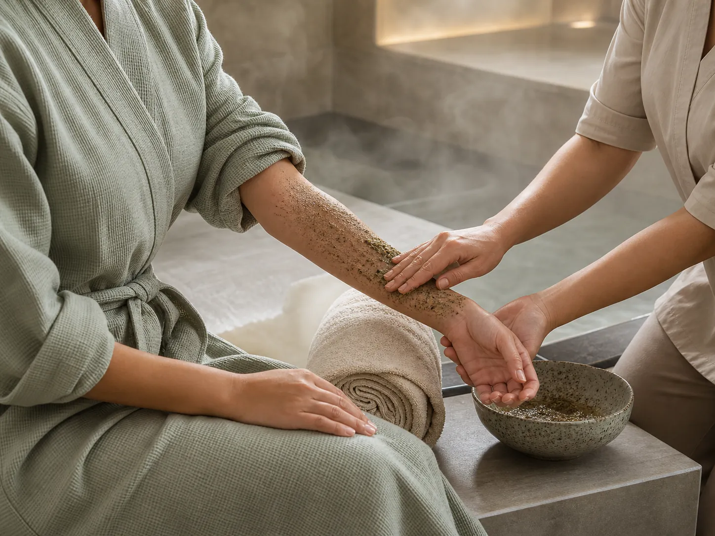 Illustrative preview of a botanical forearm scrub beside a softly steaming treatment suite