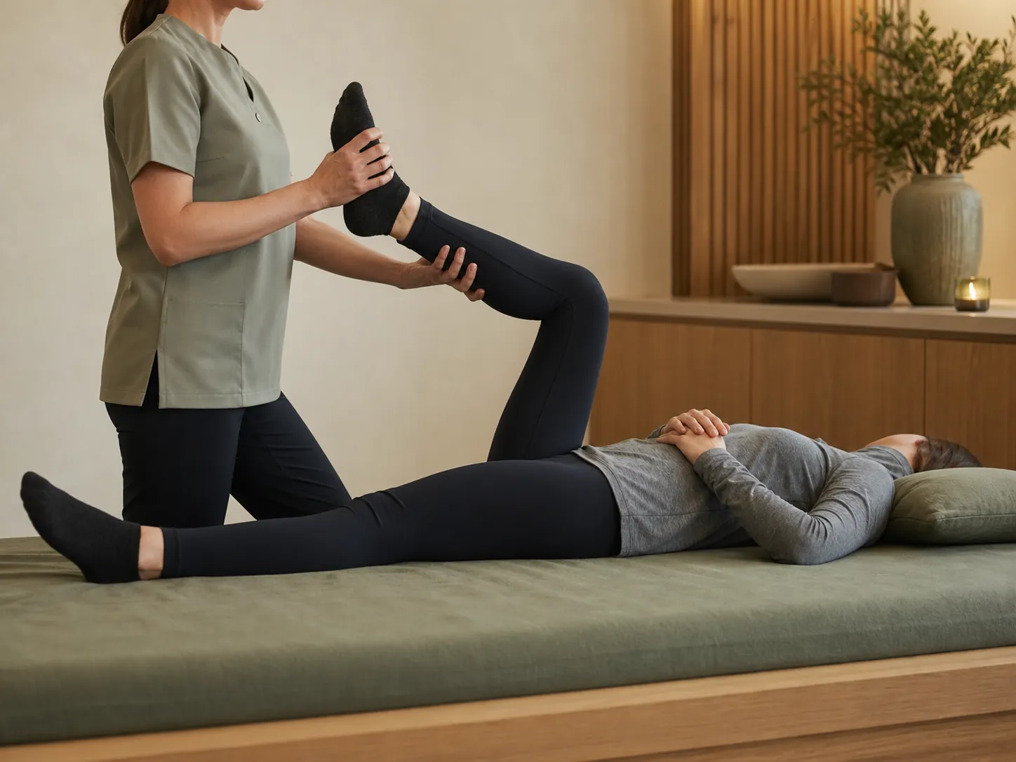 Illustrative preview of a clothed adult guest receiving a supported sports stretch
