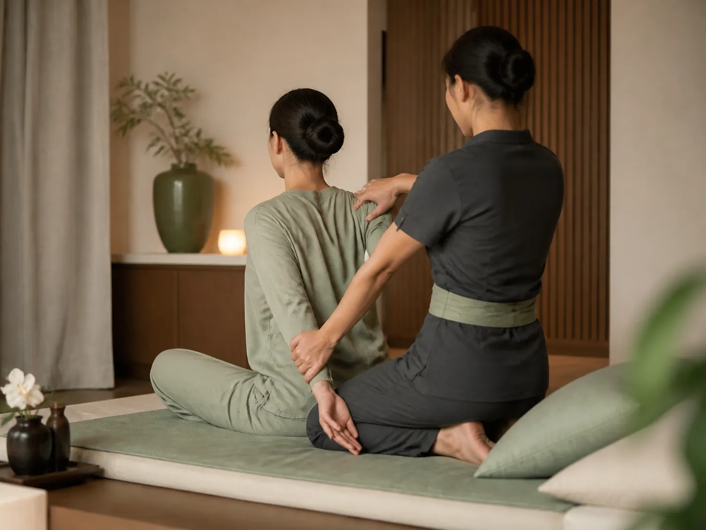 Illustrative preview of an adult guest receiving a fully clothed Thai assisted stretch